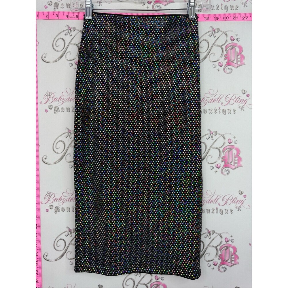 Divided skirt sparkly holographic Black Midi Skirt with Multicolor